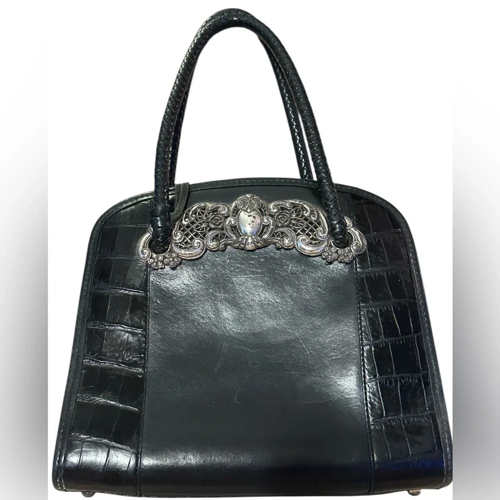 Brighton Black Leather Handbag with Silver Plated Accents EUC